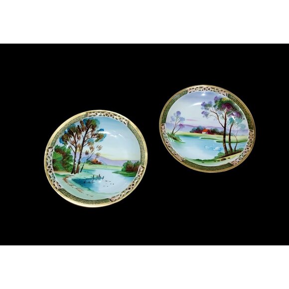 Ucagco Occupied Japan Other - Ucacgo Japan Porclian Plate Landscape Cabin Scene Hand Painted Signed Set Of 2